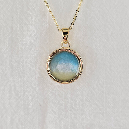 Handmade round pendant with blue and yellow shimmer, 14k gold plated chain, gift for her