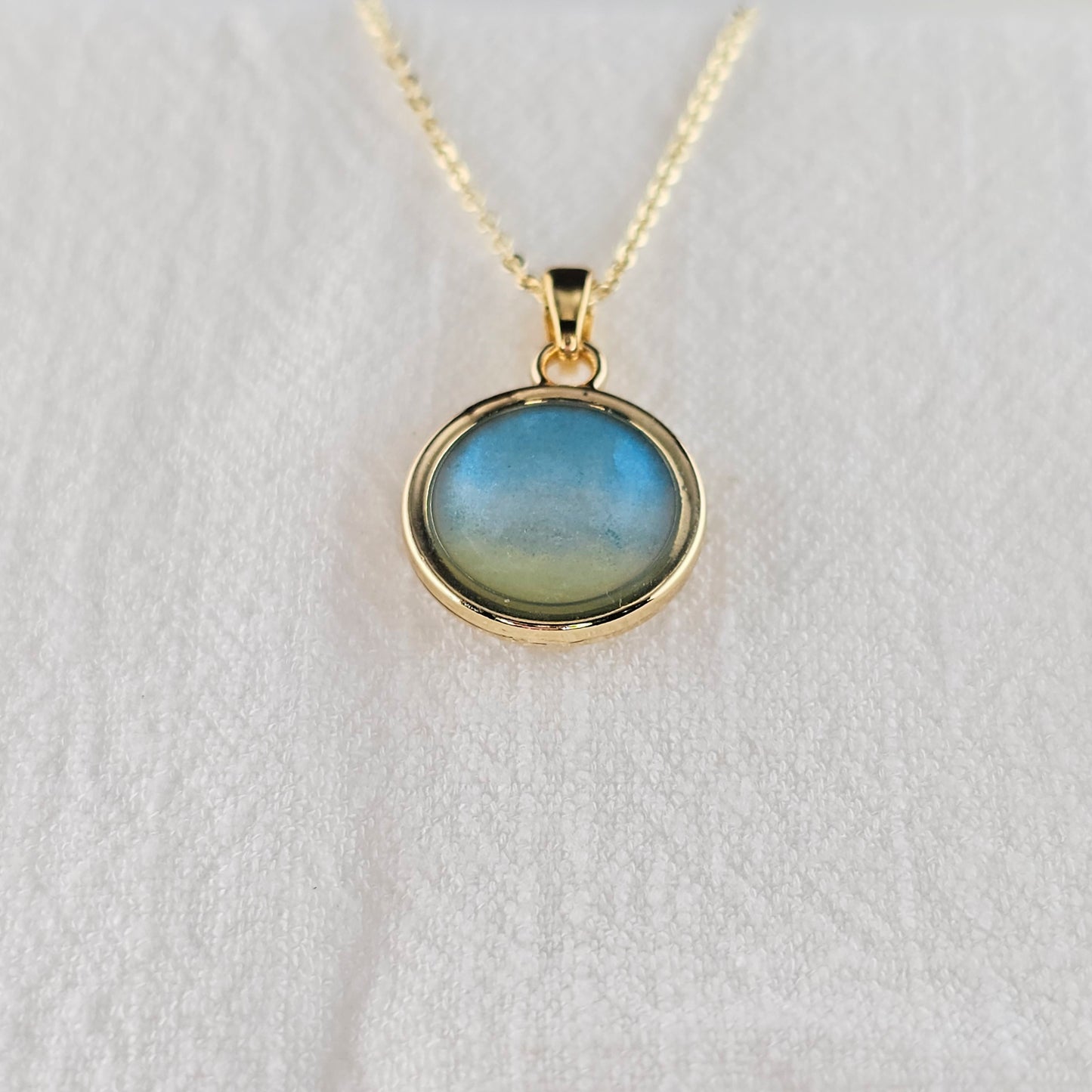 Handmade round pendant with blue and yellow shimmer, 14k gold plated chain, gift for her
