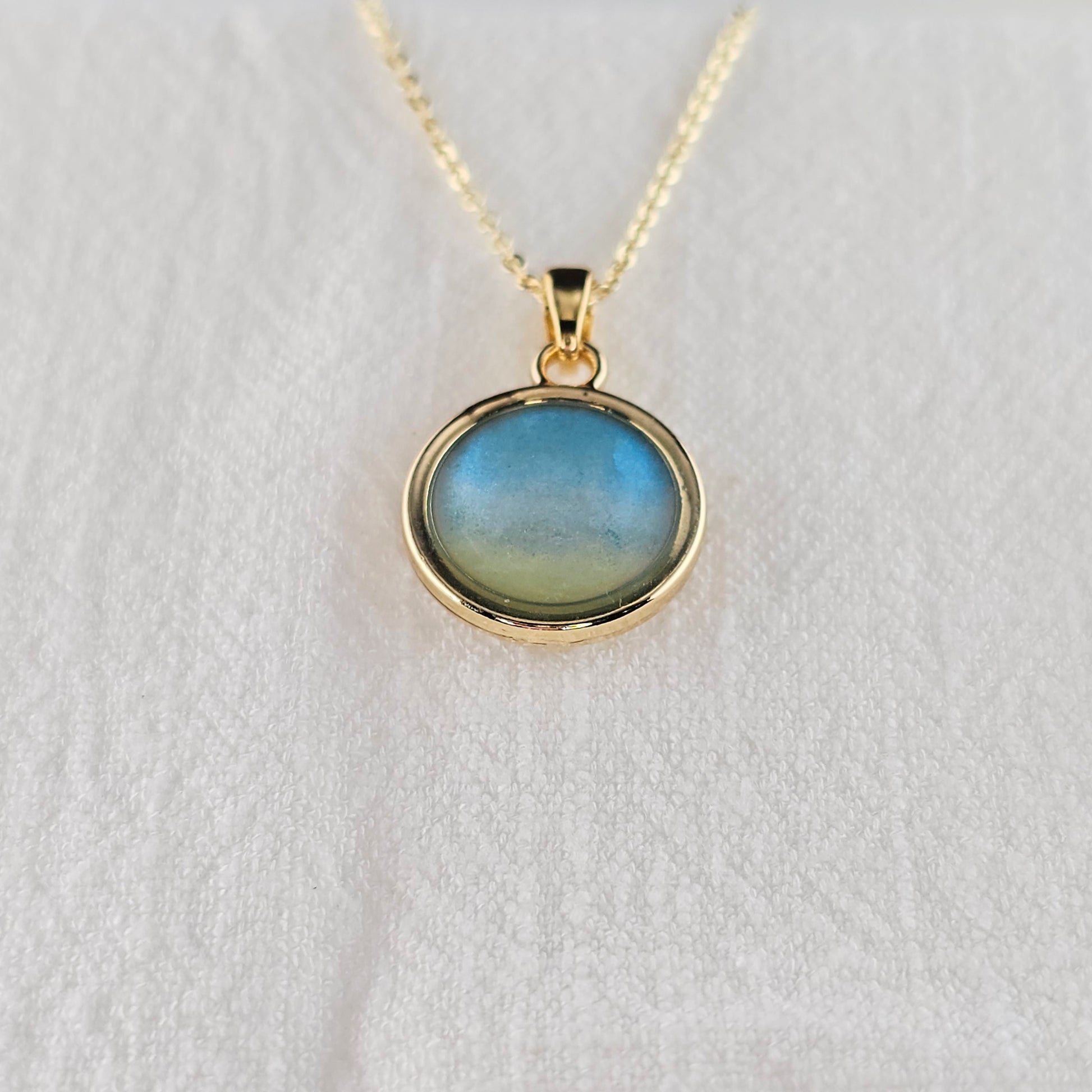 Handmade round pendant with blue and yellow shimmer, 14k gold plated chain, gift for her
