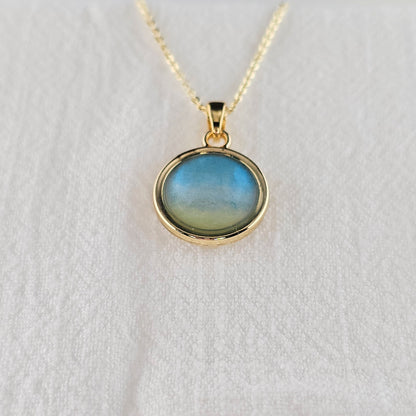 Handmade round pendant with blue and yellow shimmer, 14k gold plated chain, gift for her