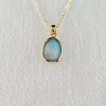 Handmade oval pendant with aquamarine and white shimmer and gold flakes, 14k gold plated chain, gift for her