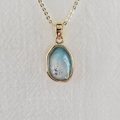 Handmade oval pendant with aquamarine and white shimmer and gold flakes, 14k gold plated chain, gift for her