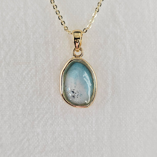 Handmade oval pendant with aquamarine and white shimmer and gold flakes, 14k gold plated chain, gift for her