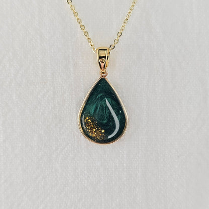 Handmade teardrop pendant with forest green swirls and gold flakes, 14k gold plated chain, gift for her