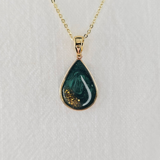 Handmade teardrop pendant with forest green swirls and gold flakes, 14k gold plated chain, gift for her
