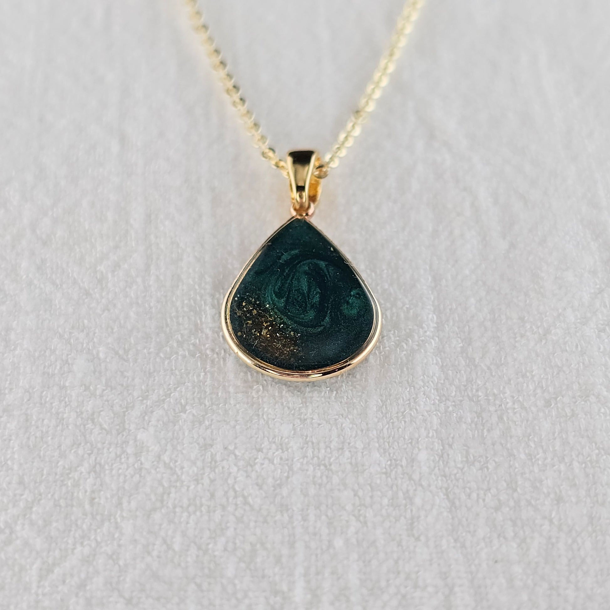 Handmade teardrop pendant with forest green swirls and gold flakes, 14k gold plated chain, gift for her