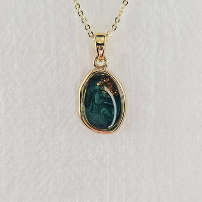 Handmade oval pendant with forest green swirls and gold flakes, 14k gold plated chain, gift for her