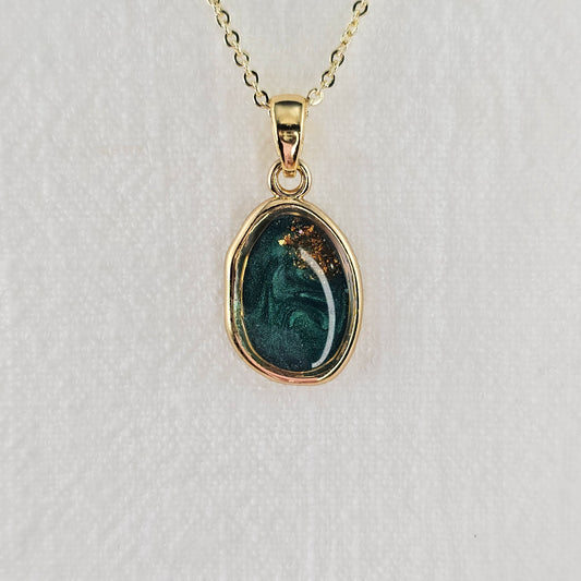 Handmade oval pendant with forest green swirls and gold flakes, 14k gold plated chain, gift for her