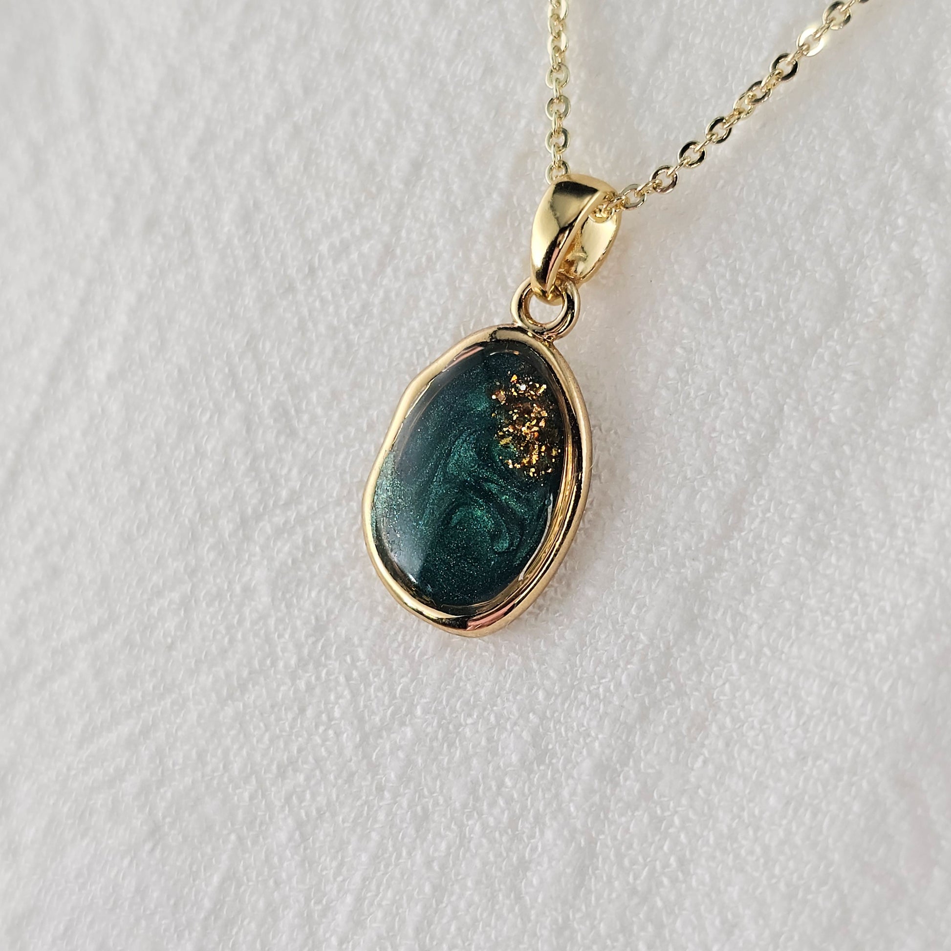 Handmade oval pendant with forest green swirls and gold flakes, 14k gold plated chain, gift for her