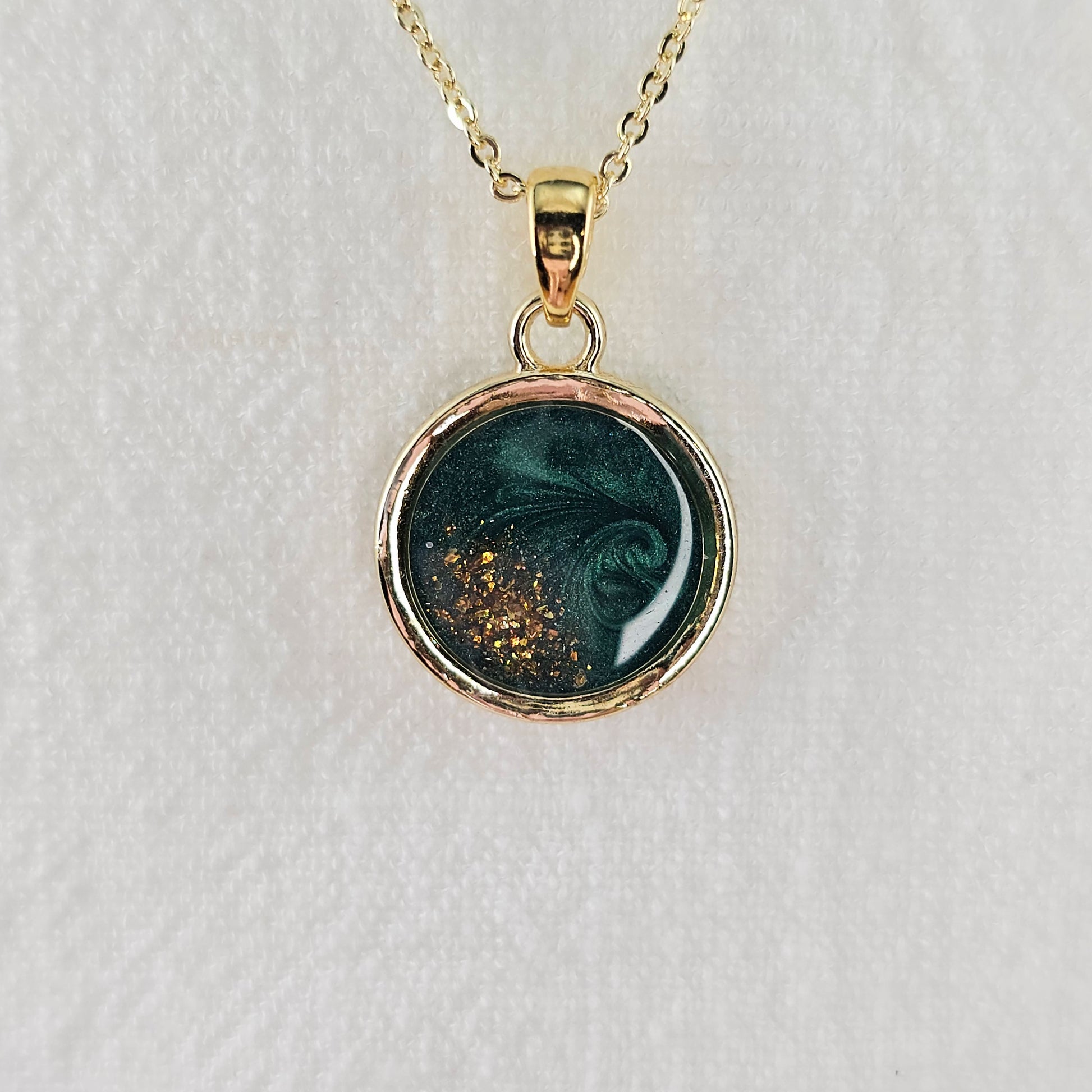 Handmade round pendant with forest green swirls and gold flakes, 14k gold plated chain, gift for her