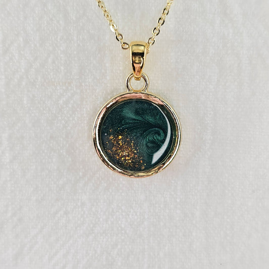 Handmade round pendant with forest green swirls and gold flakes, 14k gold plated chain, gift for her