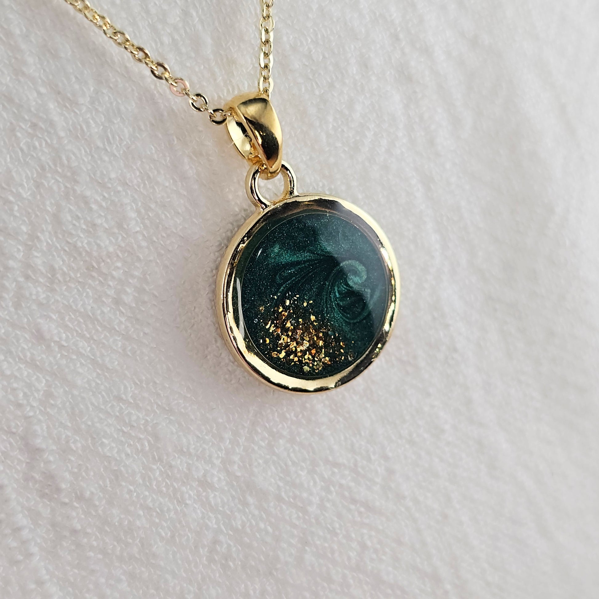 Handmade round pendant with forest green swirls and gold flakes, 14k gold plated chain, gift for her
