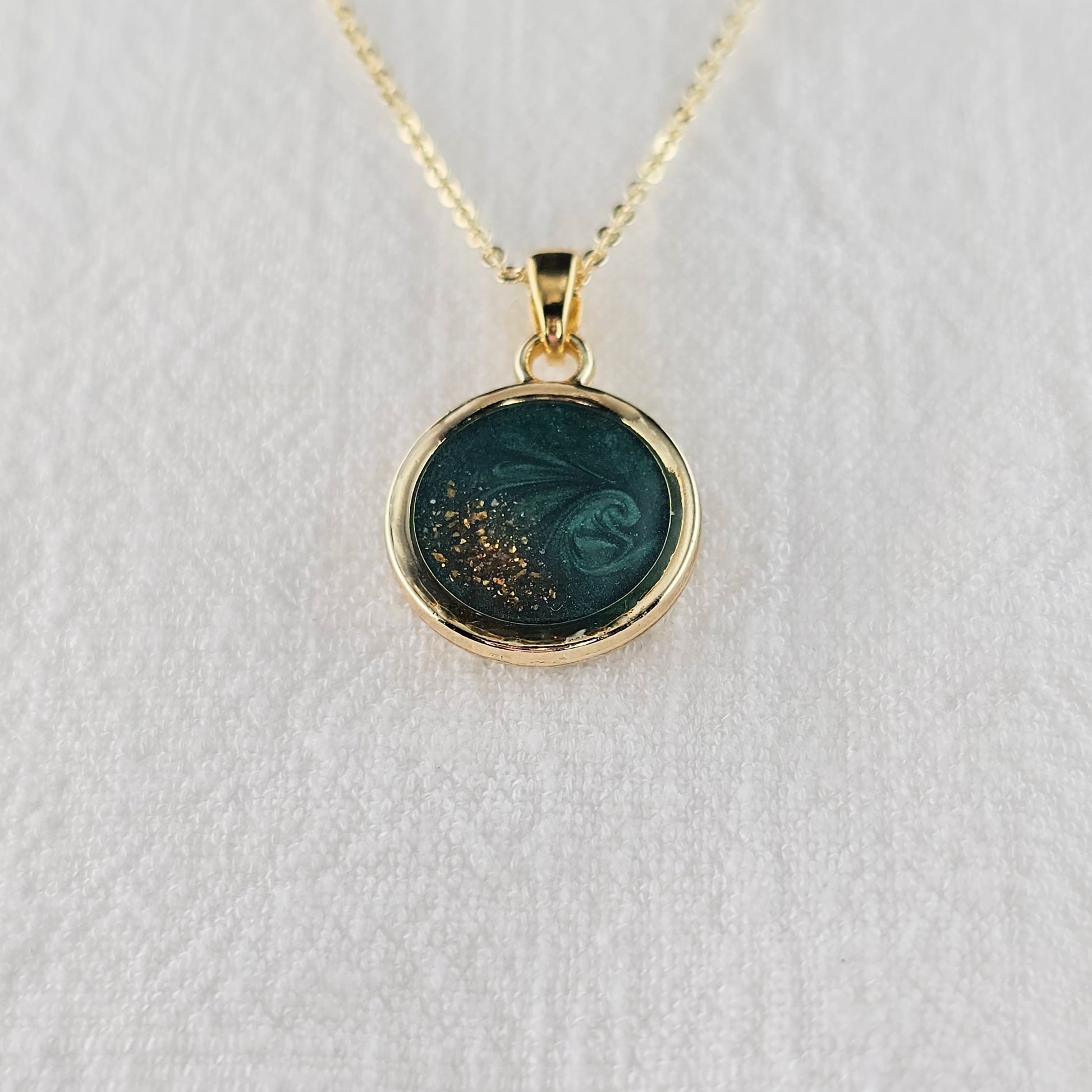 Handmade round pendant with forest green swirls and gold flakes, 14k gold plated chain, gift for her