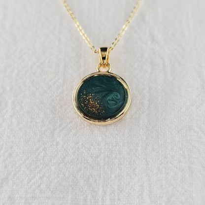 Handmade round pendant with forest green swirls and gold flakes, 14k gold plated chain, gift for her
