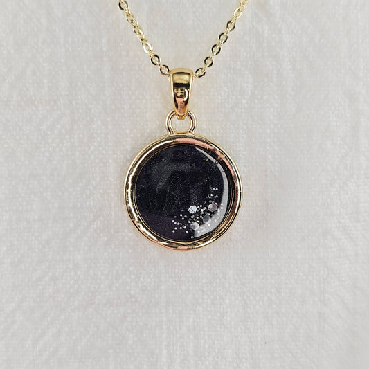 Handmade round pendant with black and grey swirls and silver flakes, 14k gold plated chain, gift for her