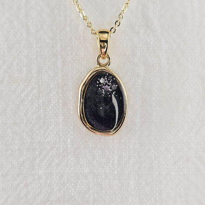 Handmade oval pendant with black and grey swirls and silver flakes, 14k gold plated chain, gift for her