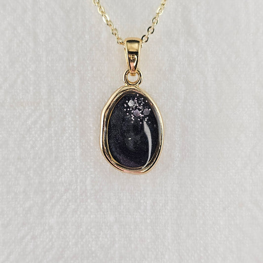 Handmade oval pendant with black and grey swirls and silver flakes, 14k gold plated chain, gift for her
