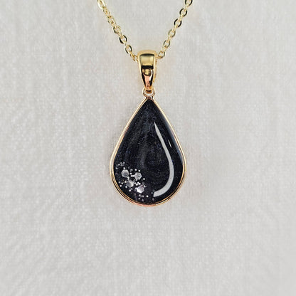 Handmade teardrop pendant with black and grey swirls and silver flakes, 14k gold plated chain, gift for her
