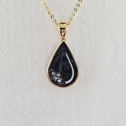 Handmade teardrop pendant with black and grey swirls and silver flakes, 14k gold plated chain, gift for her