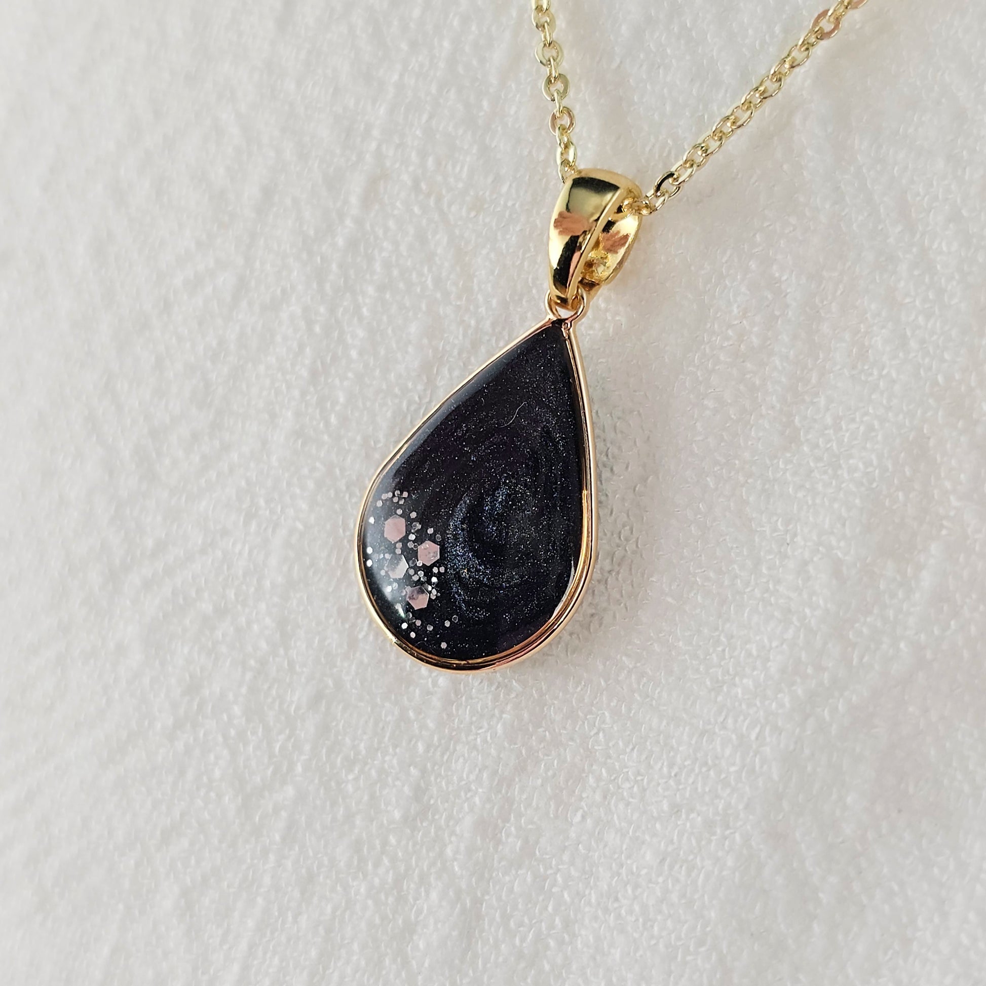 Handmade teardrop pendant with black and grey swirls and silver flakes, 14k gold plated chain, gift for her