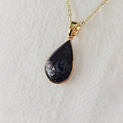 Handmade teardrop pendant with black and grey swirls and silver flakes, 14k gold plated chain, gift for her