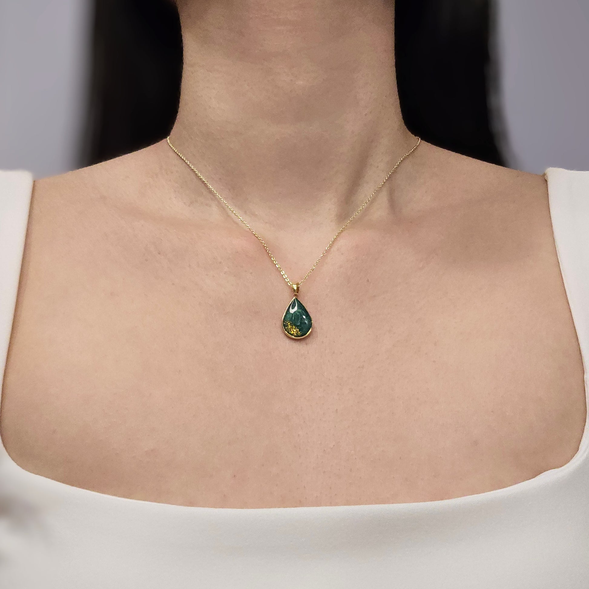 Handmade teardrop pendant with forest green swirls and gold flakes, 14k gold plated chain, gift for her