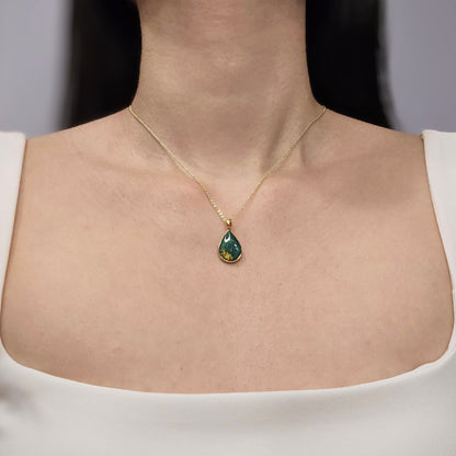 Handmade teardrop pendant with forest green swirls and gold flakes, 14k gold plated chain, gift for her
