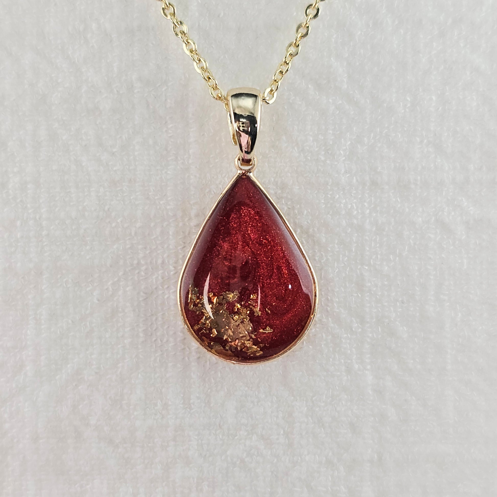 Handmade teardrop pendant with red swirls and gold foil, 14k gold plated chain, gift for her
