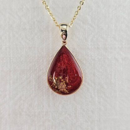Handmade teardrop pendant with red swirls and gold foil, 14k gold plated chain, gift for her