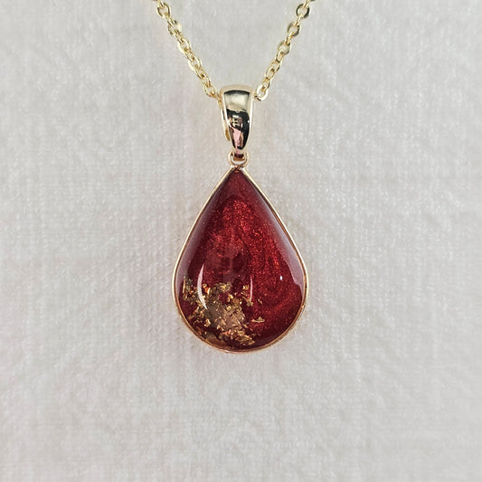 Handmade teardrop pendant with red swirls and gold foil, 14k gold plated chain, gift for her