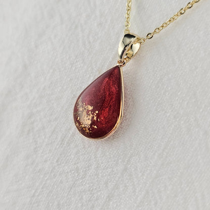 Handmade teardrop pendant with red swirls and gold foil, 14k gold plated chain, gift for her