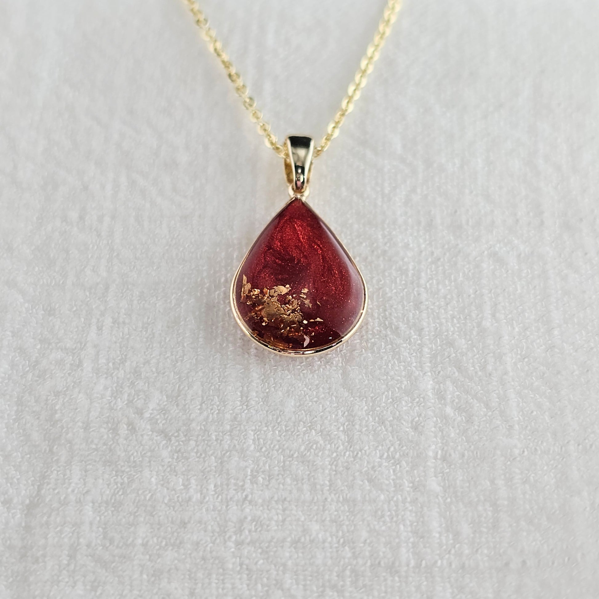 Handmade teardrop pendant with red swirls and gold foil, 14k gold plated chain, gift for her