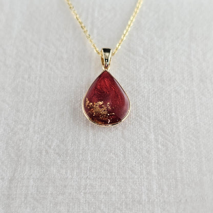 Handmade teardrop pendant with red swirls and gold foil, 14k gold plated chain, gift for her