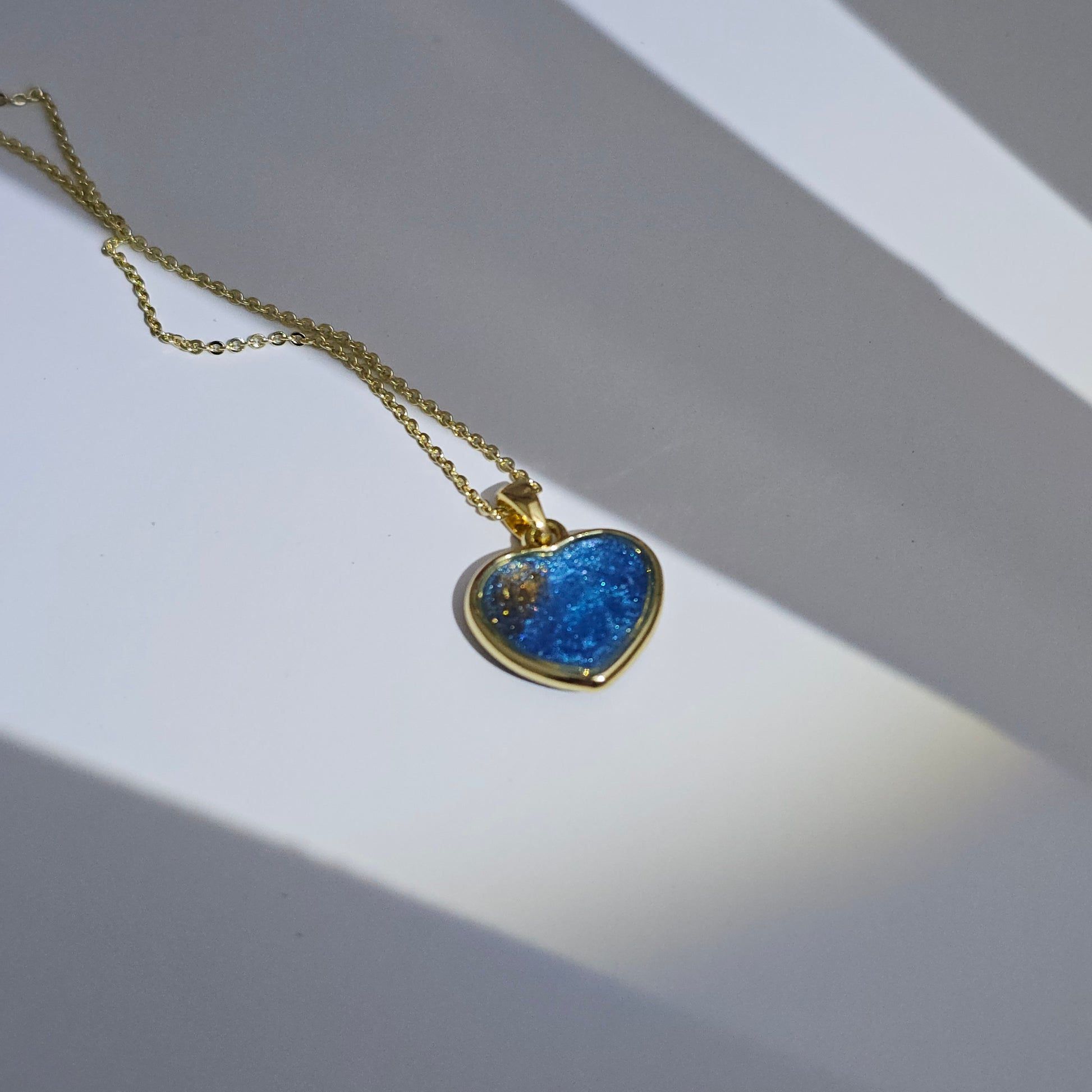 Handmade heart pendant with blue shimmer and gold sparkles, 14k gold plated chain, gift for her