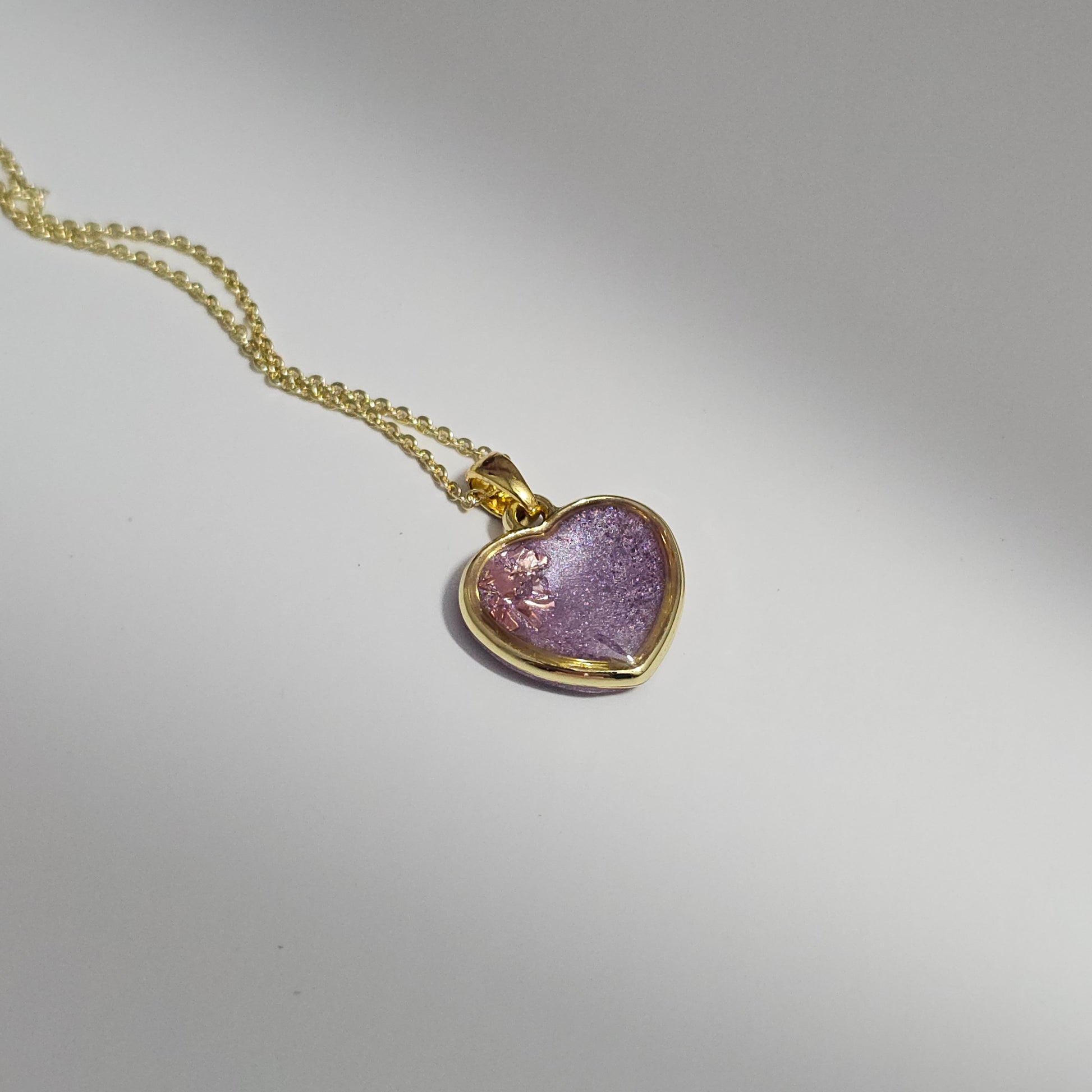 Handmade heart pendant with purple shimmer & pink foil, 14k gold plated chain, gift for her