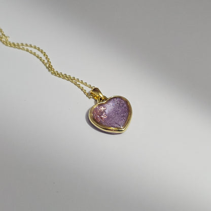 Handmade heart pendant with purple shimmer & pink foil, 14k gold plated chain, gift for her