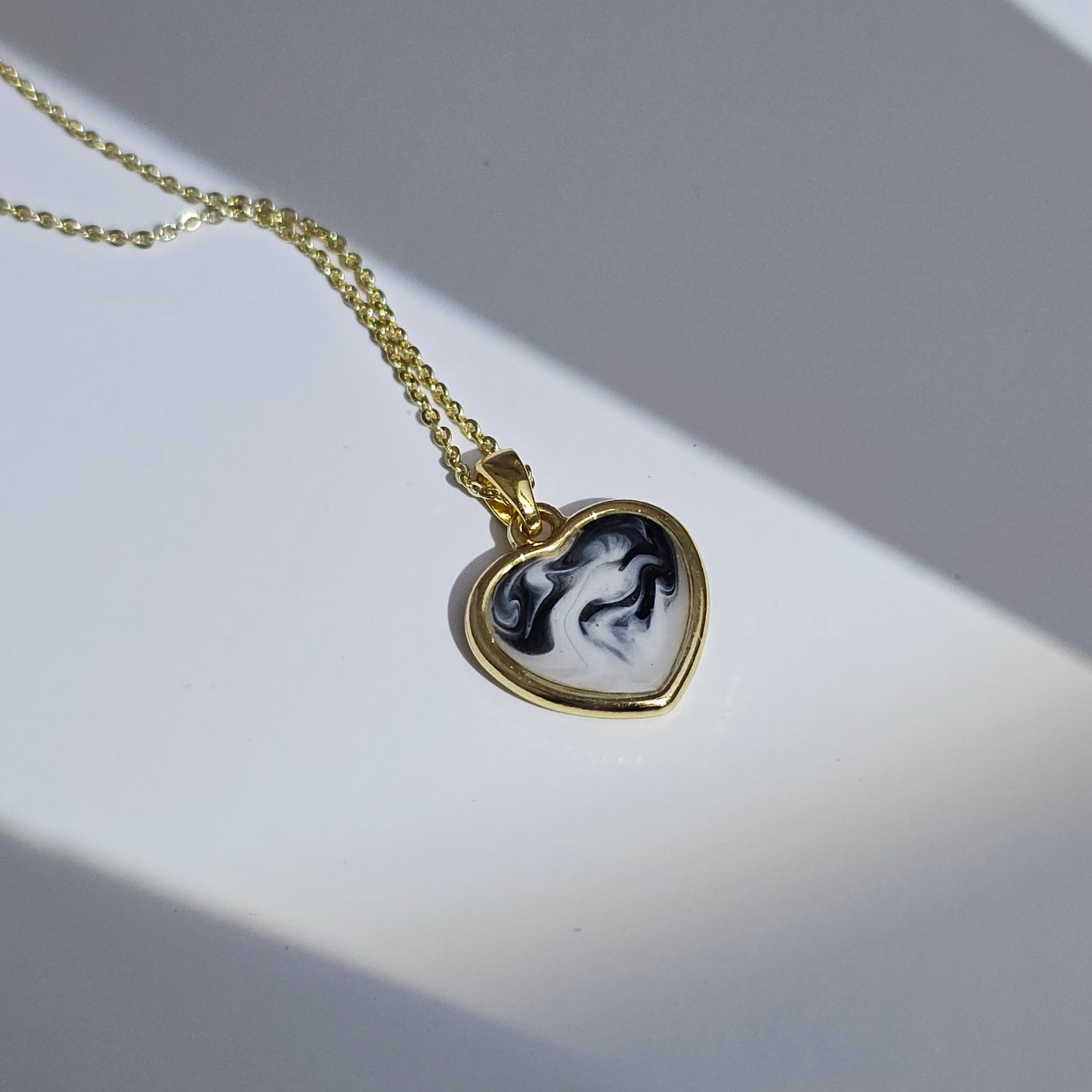 Handmade heart pendant with black and white swirls, 14k gold plated chain, gift for her