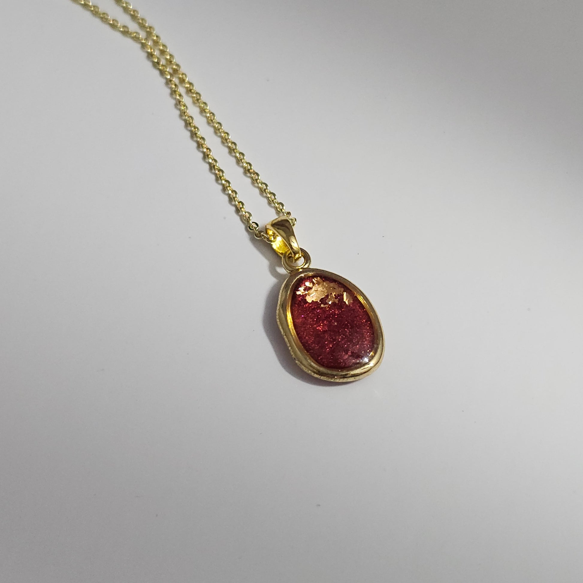 Handmade oval pendant with red shimmer and gold foil, 14k gold plated chain, gift for her