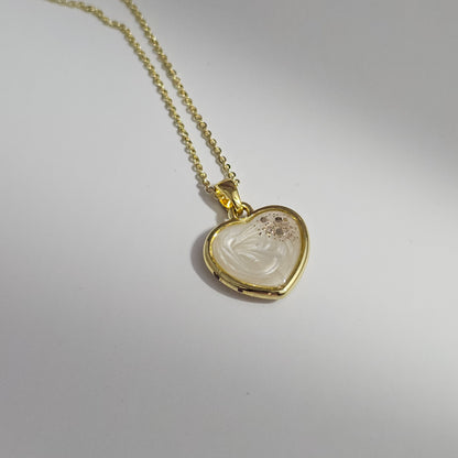Handmade heart pendant with white shimmer and gold sparkles, 14k gold plated chain, gift for her