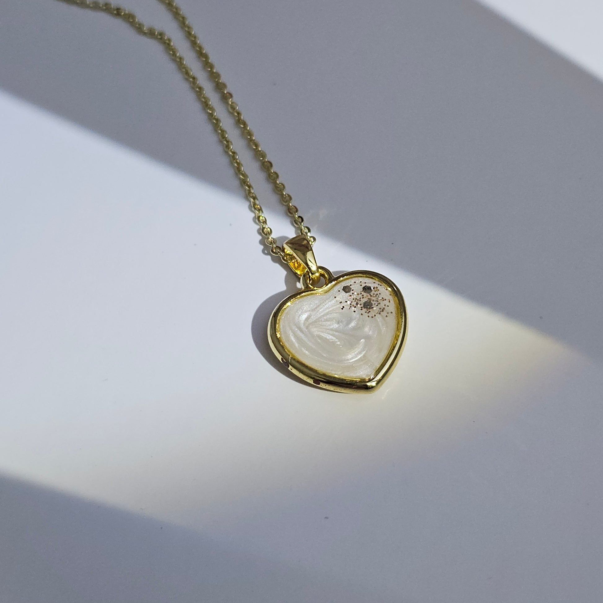 Handmade heart pendant with white shimmer and gold sparkles, 14k gold plated chain, gift for her