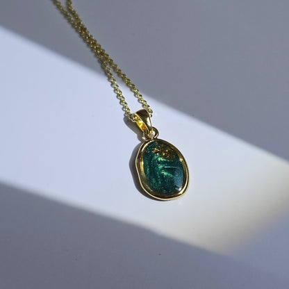 Handmade oval pendant with forest green swirls and gold flakes, 14k gold plated chain, gift for her