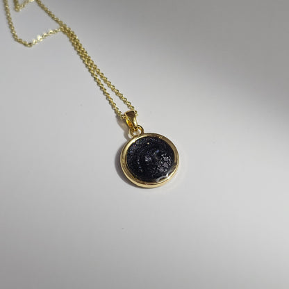 Handmade round pendant with black and grey swirls and silver flakes, 14k gold plated chain, gift for her