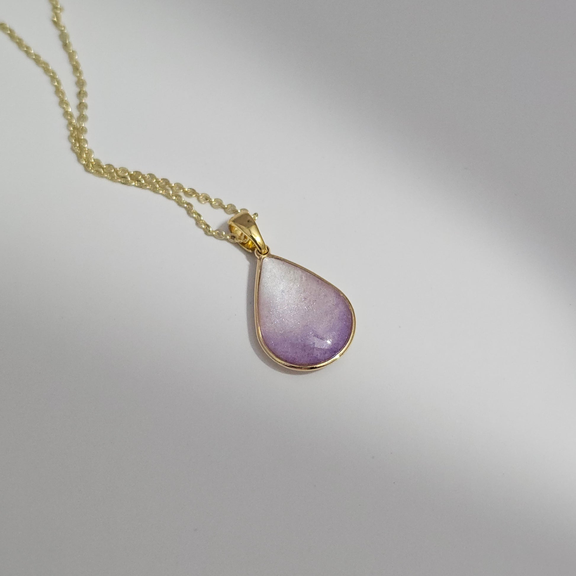 Handmade teardrop pendant with purple and white shimmer, 14k gold plated chain, gift for her