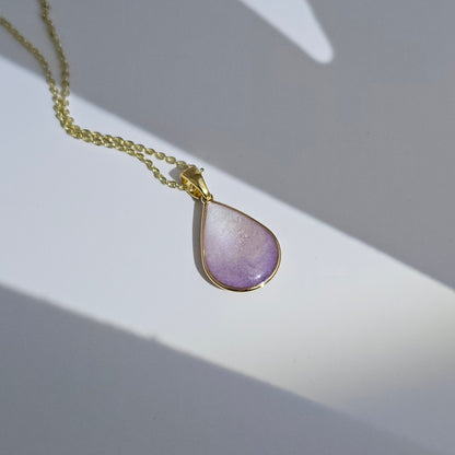 Handmade teardrop pendant with purple and white shimmer, 14k gold plated chain, gift for her