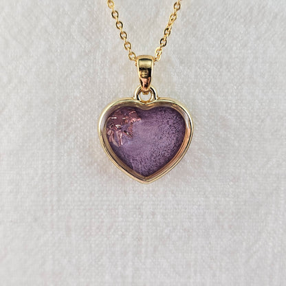 Handmade heart pendant with purple shimmer & pink foil, 14k gold plated chain, gift for her