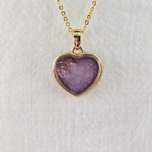 Handmade heart pendant with purple shimmer & pink foil, 14k gold plated chain, gift for her