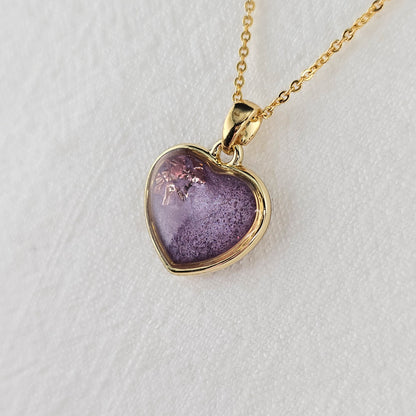 Handmade heart pendant with purple shimmer & pink foil, 14k gold plated chain, gift for her