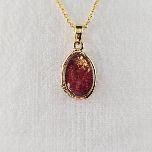 Handmade oval pendant with red shimmer and gold foil, 14k gold plated chain, gift for her