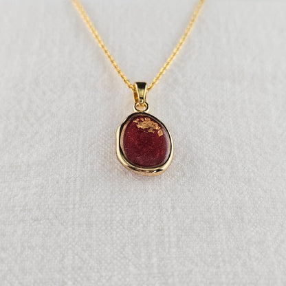 Handmade oval pendant with red shimmer and gold foil, 14k gold plated chain, gift for her