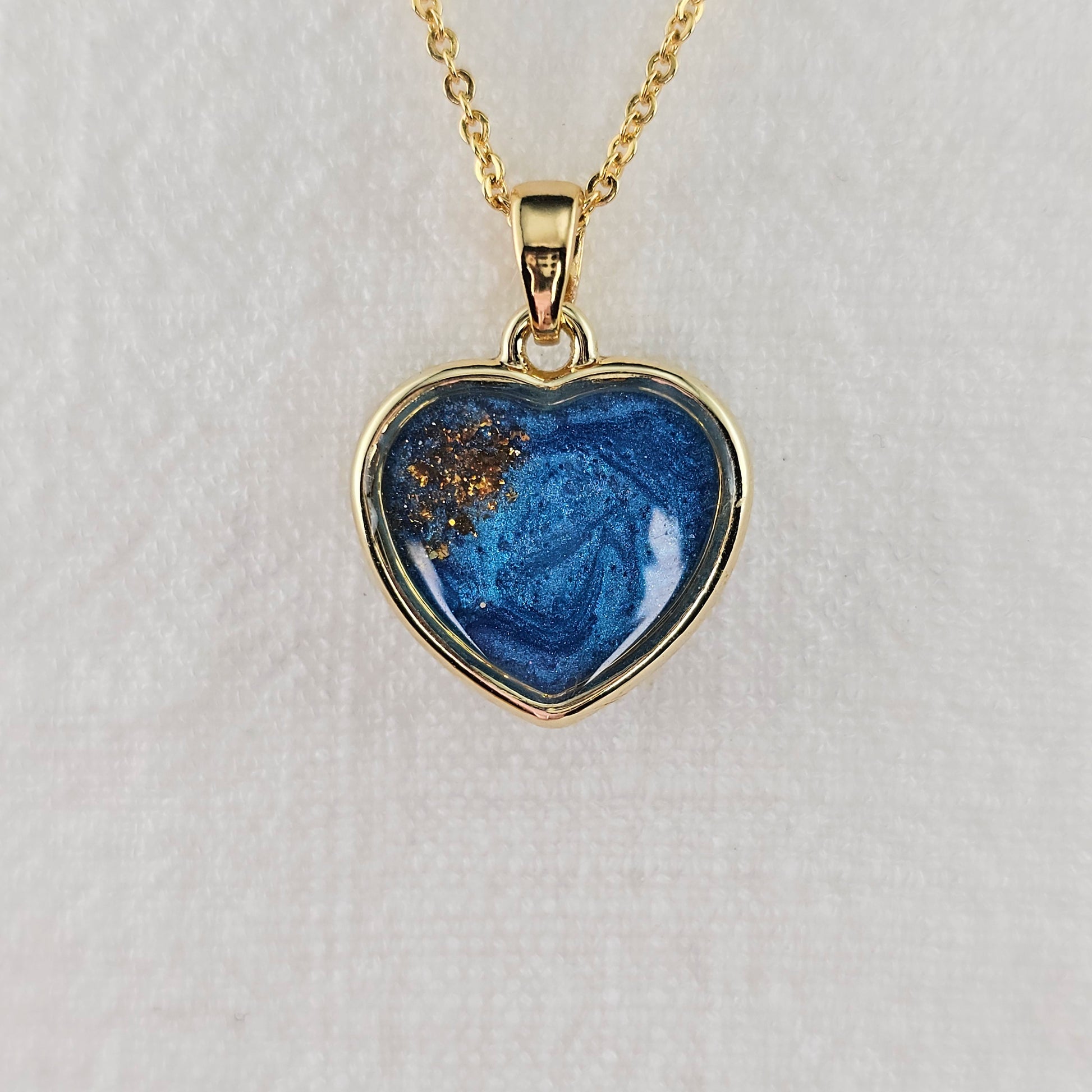 Handmade heart pendant with blue shimmer and gold sparkles, 14k gold plated chain, gift for her